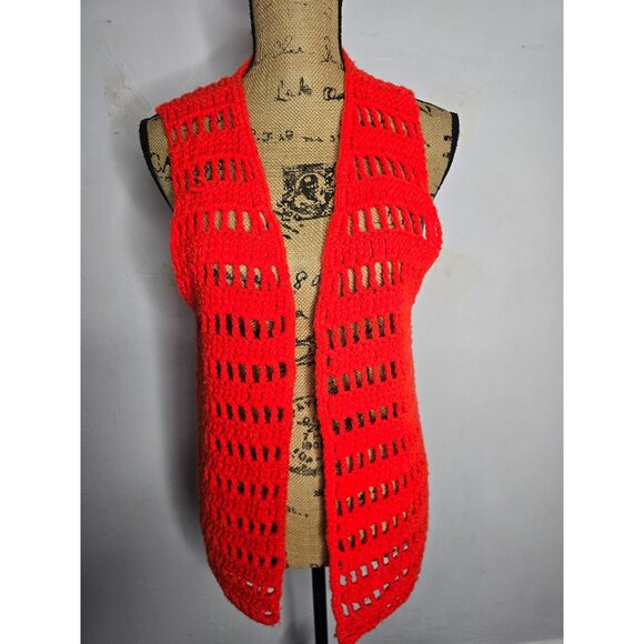 Vintage 1960s 1970s Red Crochet Knit Sweater Vest Hippie Mod - Picture 8 of 8
